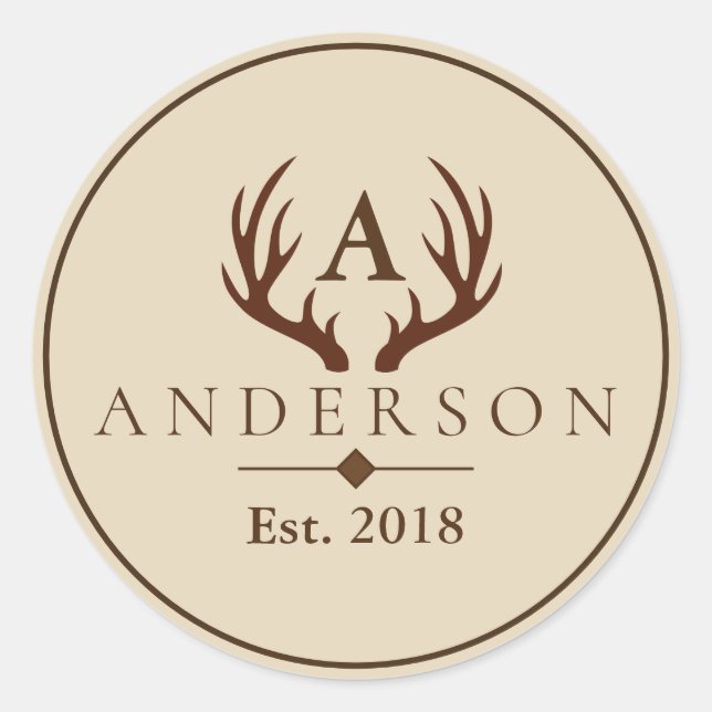 Rustic Brown Deer Antlers & Family Name Classic Round Sticker (Front)