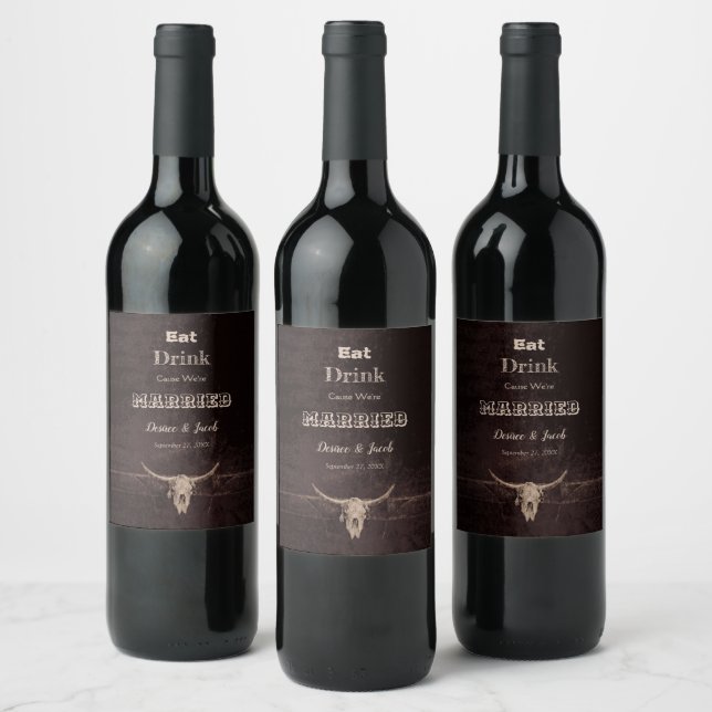 Rustic Brown Eat Drink Married Western Bull Skull  Wine Label (Bottles)
