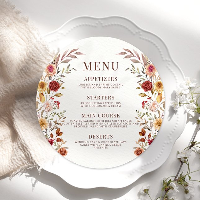 Rustic Brown Fall Floral Wedding Round Flat Menu (Creator Uploaded)