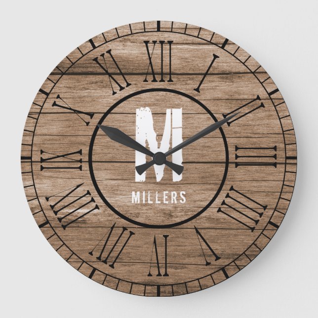 Rustic Brown Family Monogram Weathered Wood Large Clock (Front)