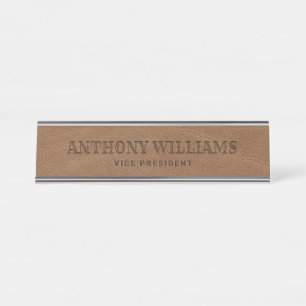 Rustic Brown Faux Leather Custom Desk Name Plate
