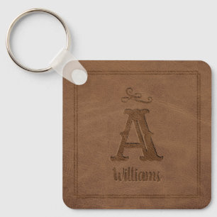 Rustic Brown Faux Leather Custom Monogram Name Key Keychain