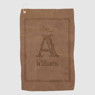 Rustic Brown Faux Leather Monogram Name Golf Towel