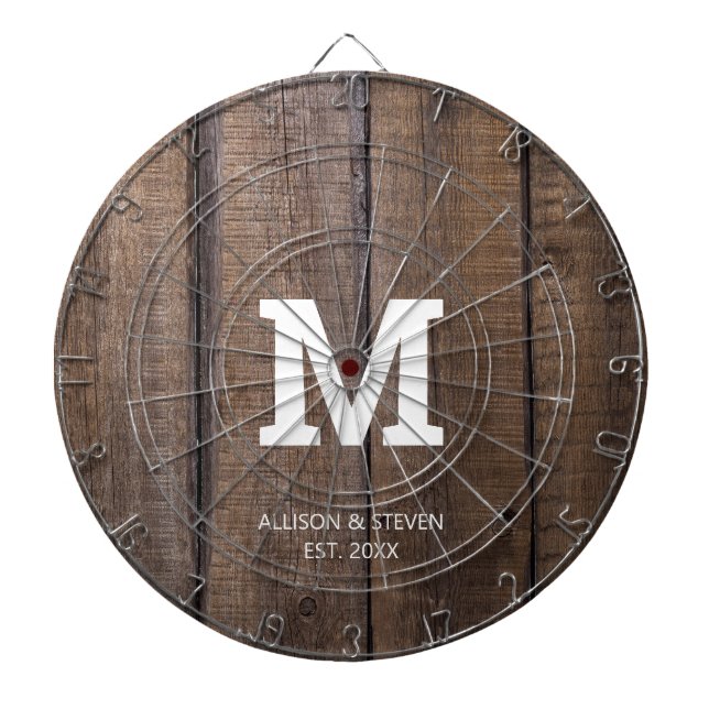 Rustic Brown Faux Wood Family Monogram Customized Dartboard (Front)