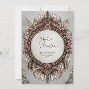 Rustic Brown Feather Dusty Rose Floral Wedding Invitation