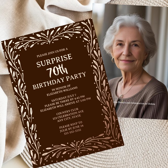 Rustic Brown Floral 70th Custom Surprise Birthday  (Creator Uploaded)