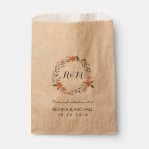 Rustic Brown Floral Wreath Monogram Wedding Party Favour Bag