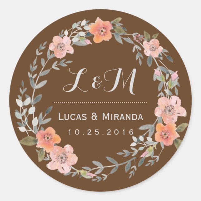 Rustic Brown Flower Wreath Wedding Favour Sticker (Front)