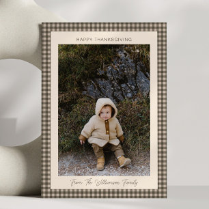 Rustic Brown Gingham Thanksgiving Family Photo Holiday Card