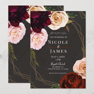 Rustic Brown & Gold Modern Dark Floral Wedding Invitation