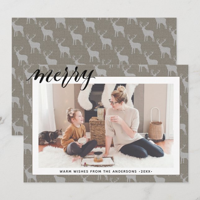 Rustic Brown Grey Burlap Elegant Script MERRY  Holiday Card (Front/Back)