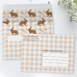 Rustic Brown Hares With Carrots Gingham Easter Envelope