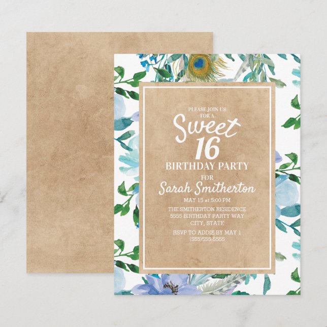 Rustic Brown Kraft Blue White Floral Sweet 16 Invitation (Front/Back)
