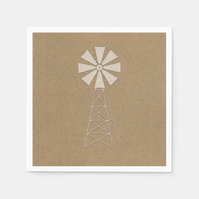 Rustic Brown Kraft Farm Windmill Modern Wedding Napkin (Front)