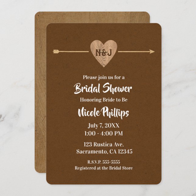 Rustic Brown Kraft Heart Arrow Barn Bridal Shower Invitation (Front/Back)