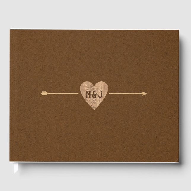 Rustic Brown Kraft Heart Arrow Woodsy Wedding Guest Book (Front)