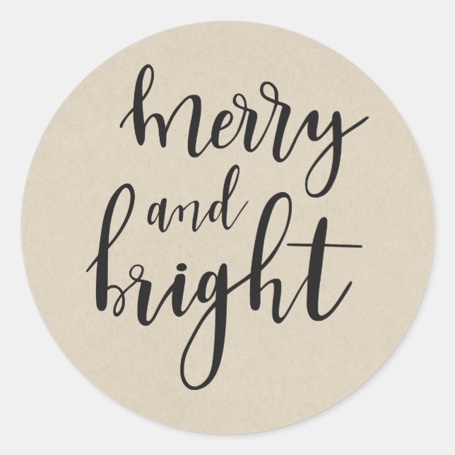Rustic Brown Kraft Holiday MERRY & BRIGHT Favour Classic Round Sticker (Front)