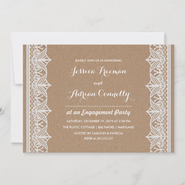 Rustic Brown Kraft Paper Lace Engagement Party Invitation (Front)