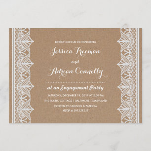 Rustic Brown Kraft Paper Lace Engagement Party Invitation