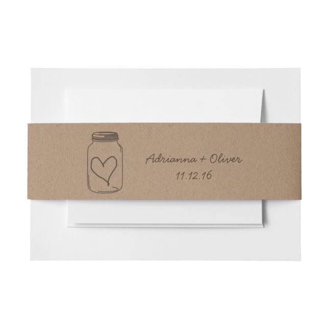 Rustic Brown Kraft Paper Pattern Mason Jar Heart Invitation Belly Band (Front Example)