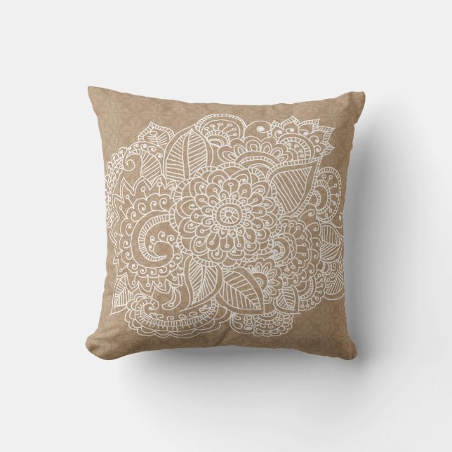 Rustic Brown Lace Pattern Beautiful Paisley Doodle Throw Pillow (Front)