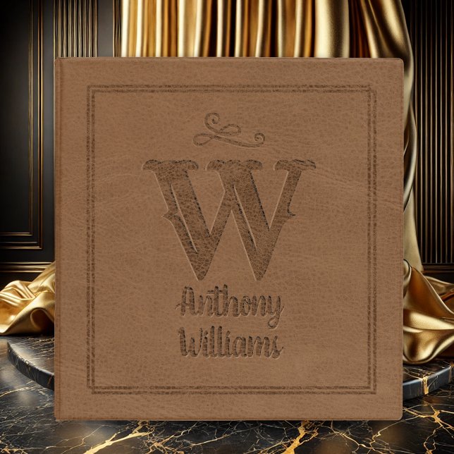 Rustic Brown Leather Custom Monogram Name Binder (Faux Brown Leather Monogram Initial Name 3 ring Binder)