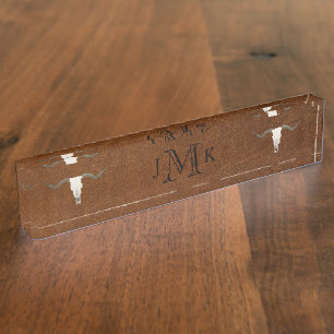 Rustic Brown Leather Image Antler Monogram Nameplate