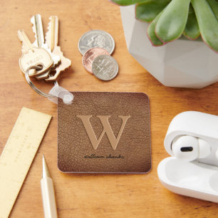 Rustic brown leather monogram stylish script name  keychain