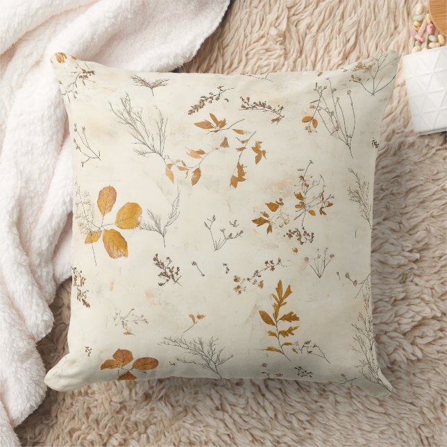Rustic Brown Leaves Fall Foliage on Cream Throw Pillow (Blanket)
