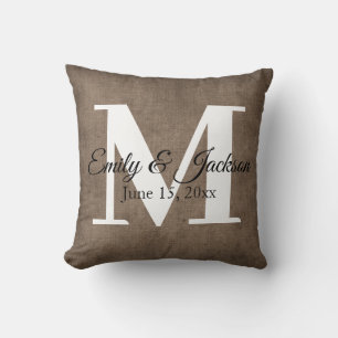 Rustic Brown Linen Monogram Family Name Wedding Throw Pillow
