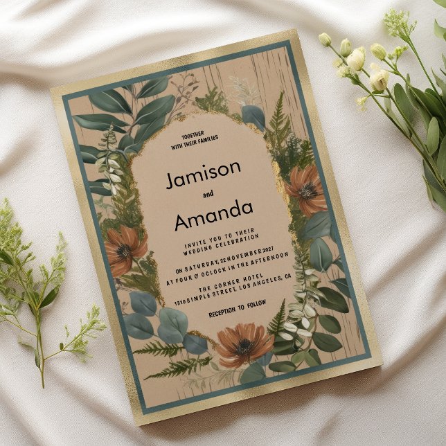 Rustic brown orange gold mint floral Wedding Invitation (Rustic brown orange gold mint floral Wedding)