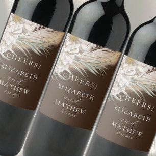 Rustic Brown Pampas & Floral Wedding Wine Label