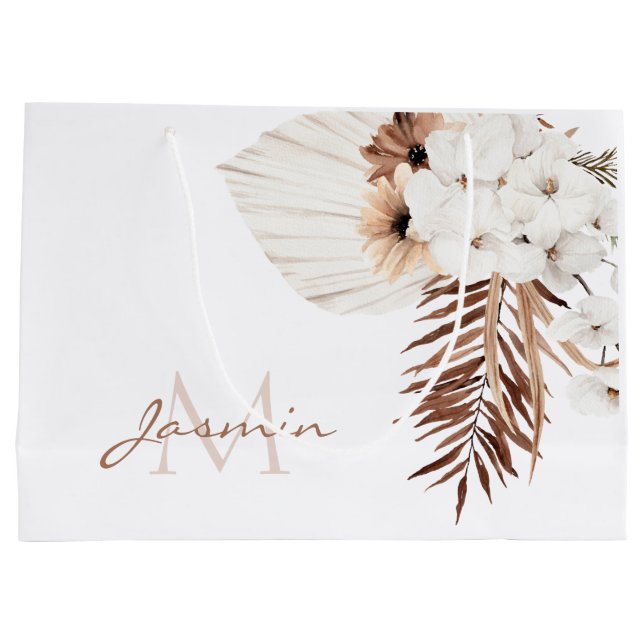 Rustic Brown Pampas Grass White Orchids Monogram Large Gift Bag (Back)