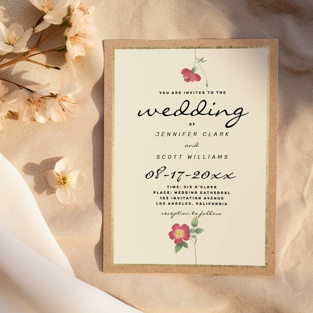 Rustic brown paper ivory gold red floral wedding invitation (Rustic brown paper ivory gold red floral wedding)