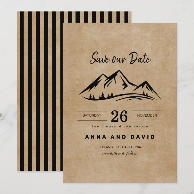 Rustic Brown Paper Mountains Save The Date Invitation (Front/Back)
