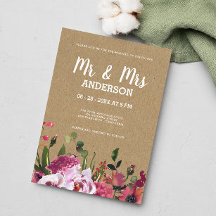 Rustic brown paper script MR MRS floral wedding  Invitation