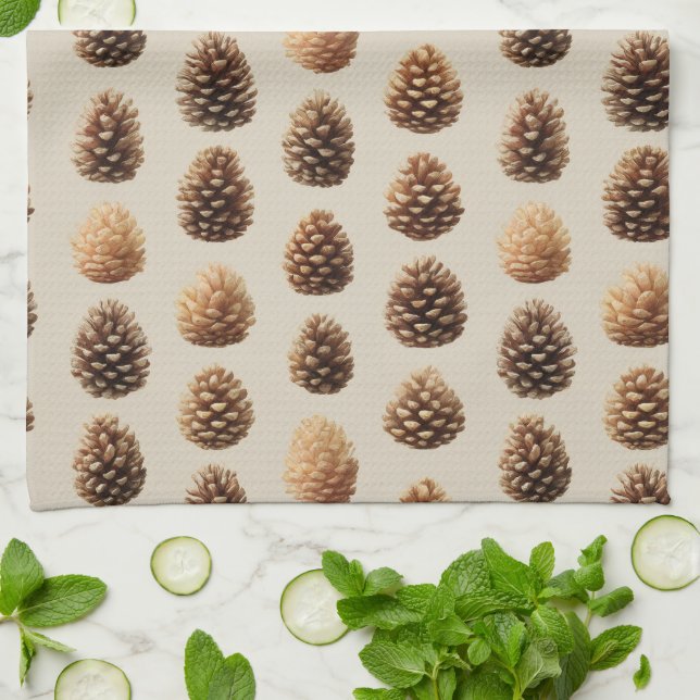 Rustic Brown Pine Cone Winter Pattern Kitchen Towel (Folded)