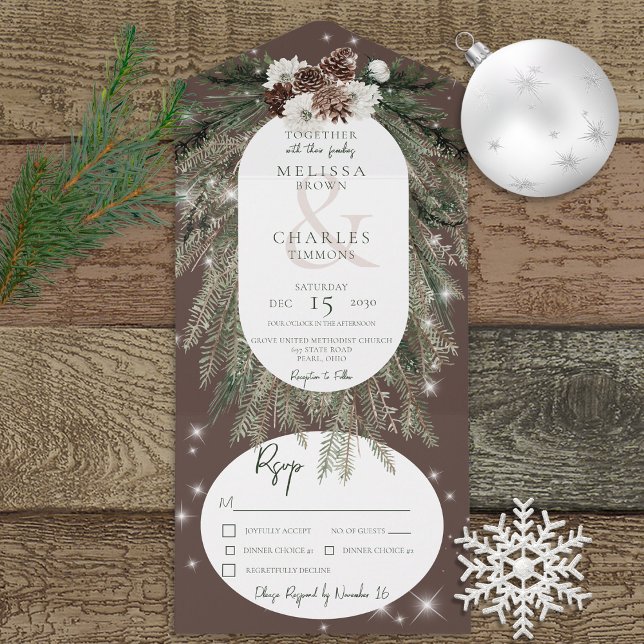 Rustic Brown Pine Winter Sparkle Dinner All In One Invitation (Also available with a QR code or without dinner selection options.)