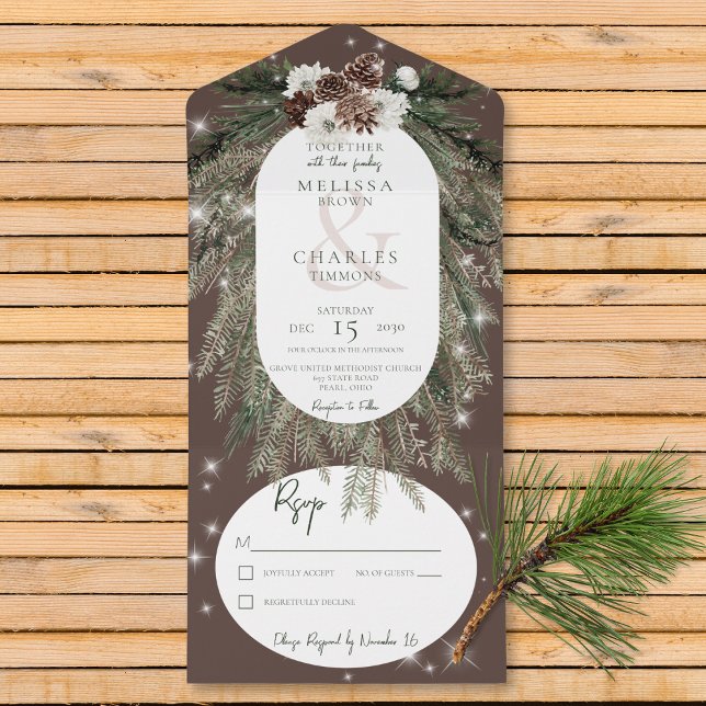 Rustic Brown Pine Winter Sparkle No Dinner All In One Invitation (Also available with a QR code or with dinner selection options.)
