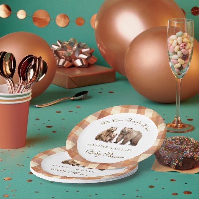 Rustic Brown Plaid Grizzly Bear Family Baby Shower Paper Plate (Multi)