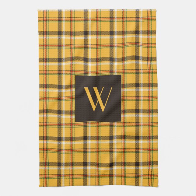 Rustic Brown Plaid Pattern Monogram Kitchen Towel (Vertical)