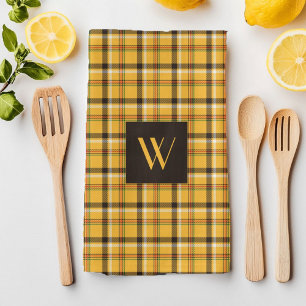 Rustic Brown Plaid Pattern Monogram Kitchen Towel