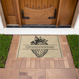 Rustic Brown Strawberry Outline Custom Welcome Doormat