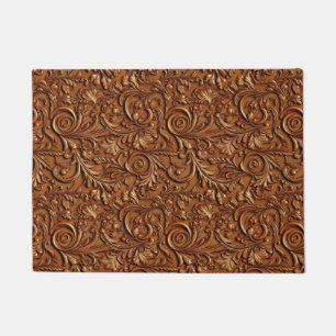 Rustic brown tooled leather doormat