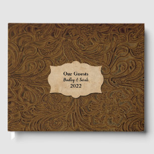 Rustic Brown Tooled Leather (Faux) Personalized Guest Book