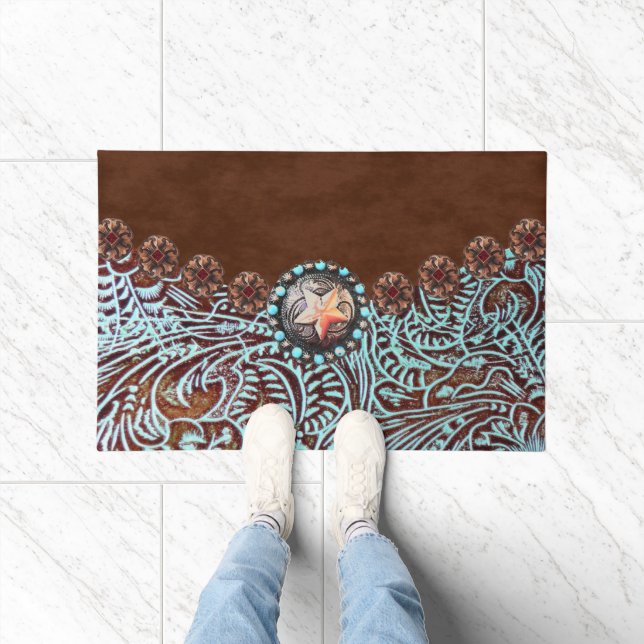 Rustic brown turquoise western country pattern  doormat (Indoor)