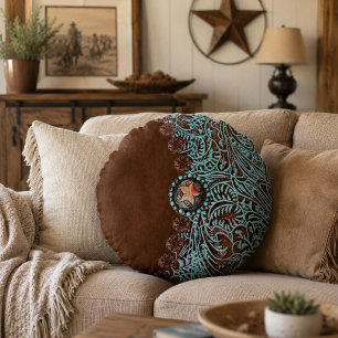 Rustic brown turquoise western country pattern round pillow