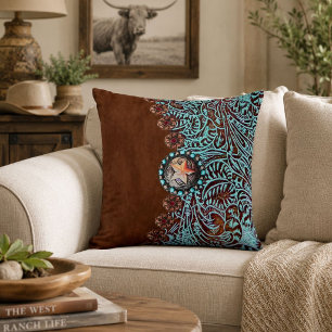 Rustic brown turquoise western country pattern throw pillow