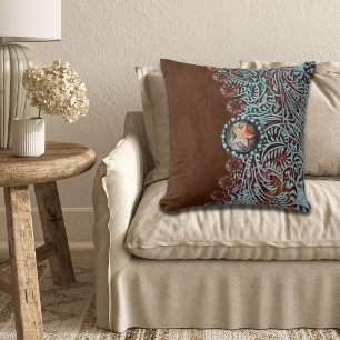 Rustic brown turquoise western country pattern  throw pillow
