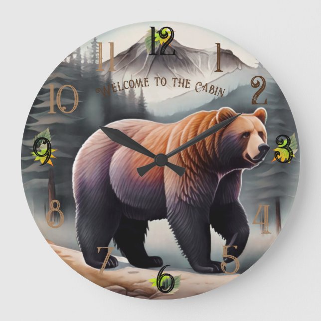 Rustic Brown Watercolor Bear Large Clock (Front)